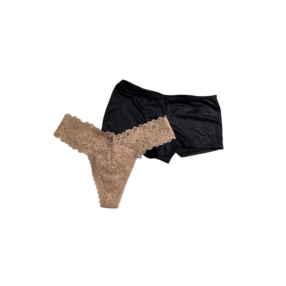 NWT Victoria's Secret Panty Set Small S Black Boyshort Tan Floral Lace Thong New